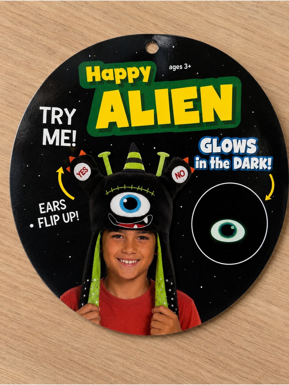 Happy Alien Glow in the Dark Hat Flip Up YES NO Ears Kids Novelty Plush Cap